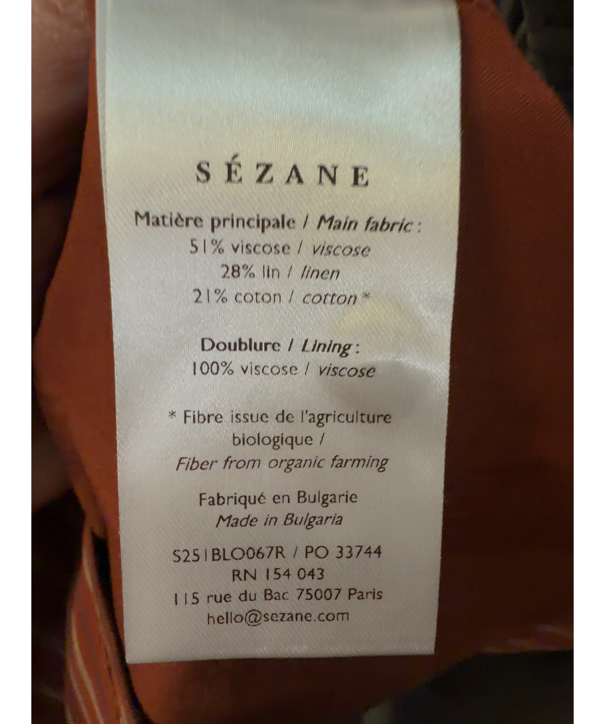 Sézane rust BLOUSE SADIO, size UK 14 — label