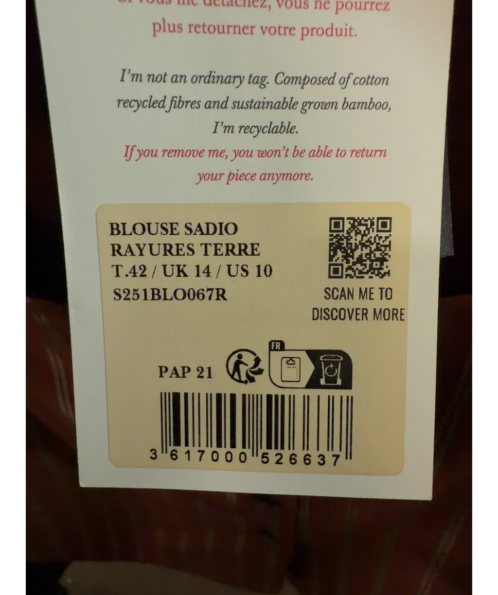 Sézane rust BLOUSE SADIO, size UK 14 — care label