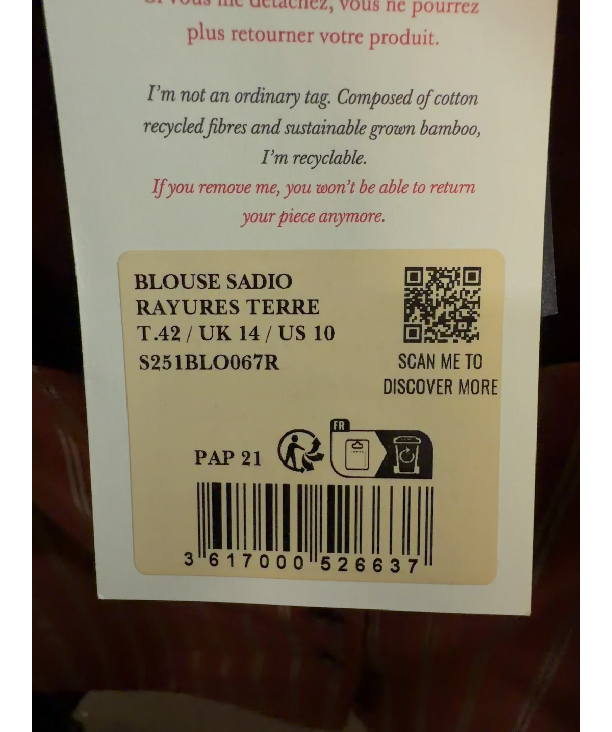 Sézane rust BLOUSE SADIO, size UK 14 — care label