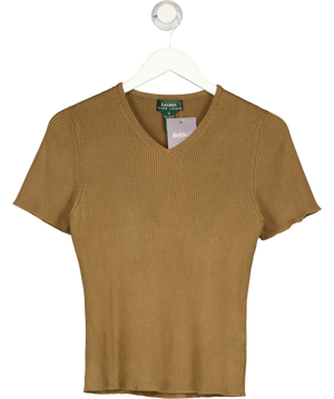 Lauren Ralph Lauren Brown Ribbed Knit V-Neck Top UK S