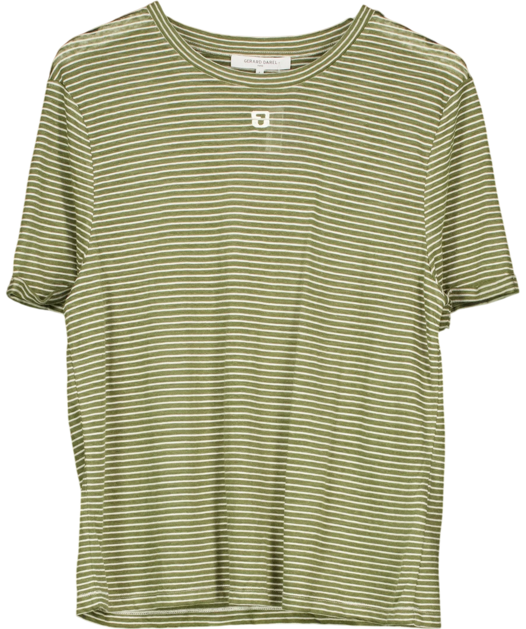 Gerard Darel Green Melva Striped Linen and Cotton T-Shirt, size UK 12 — front