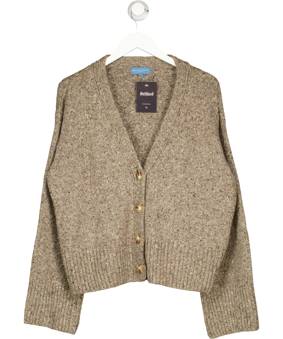 Beaufort & Blake Brown relaxed V-neck cardigan, size UK S — front