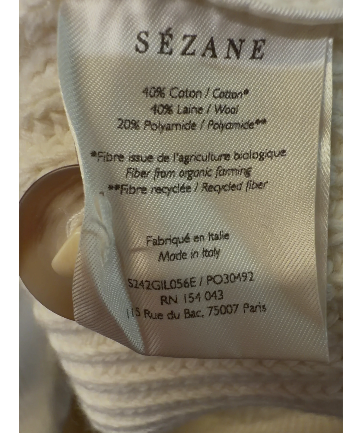 Sézane Cream Roxane Cardigan / Vest, size UK XL — label