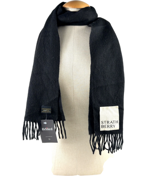 Strathberry Black 100% Lambswool Logo Fringe Scarf