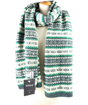 Brora Green 100% Cashmere Fair Isle Striped Scarf