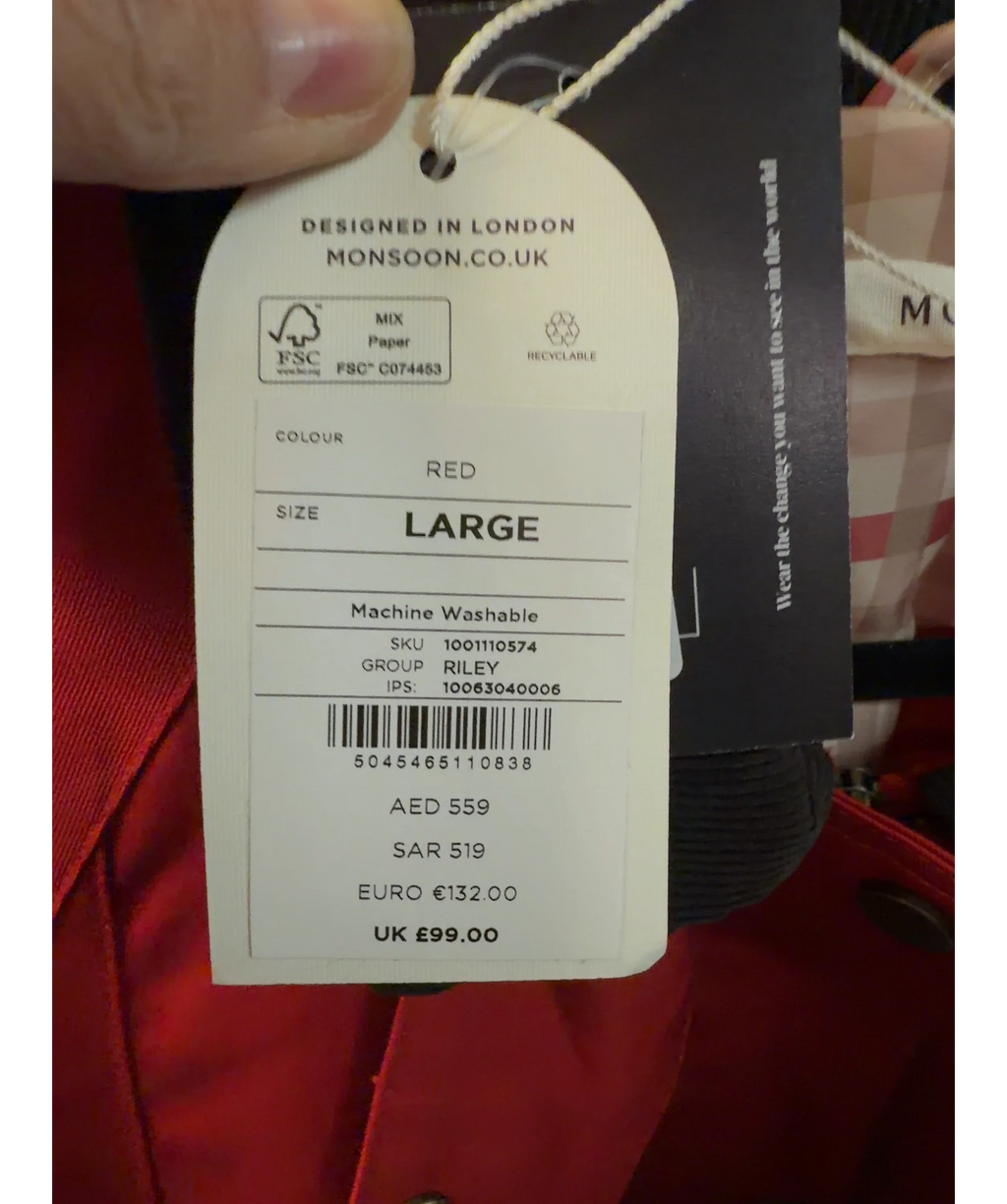 Monsoon Red Riley Barn Jacket, size UK L — label