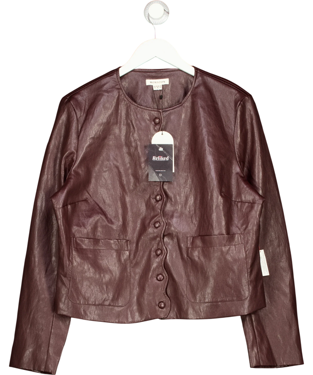 Monsoon Brown Penelope Scallop Faux Leather Jacket, size UK 14 — front