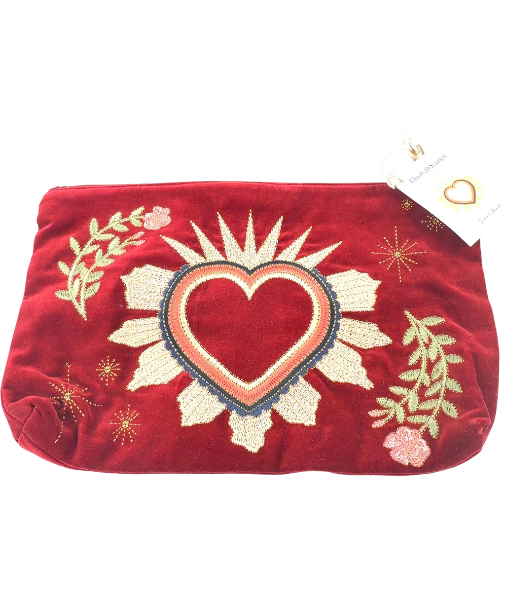 ELIZABETHSCARLETT Red Embroidered Velvet Pouch — front