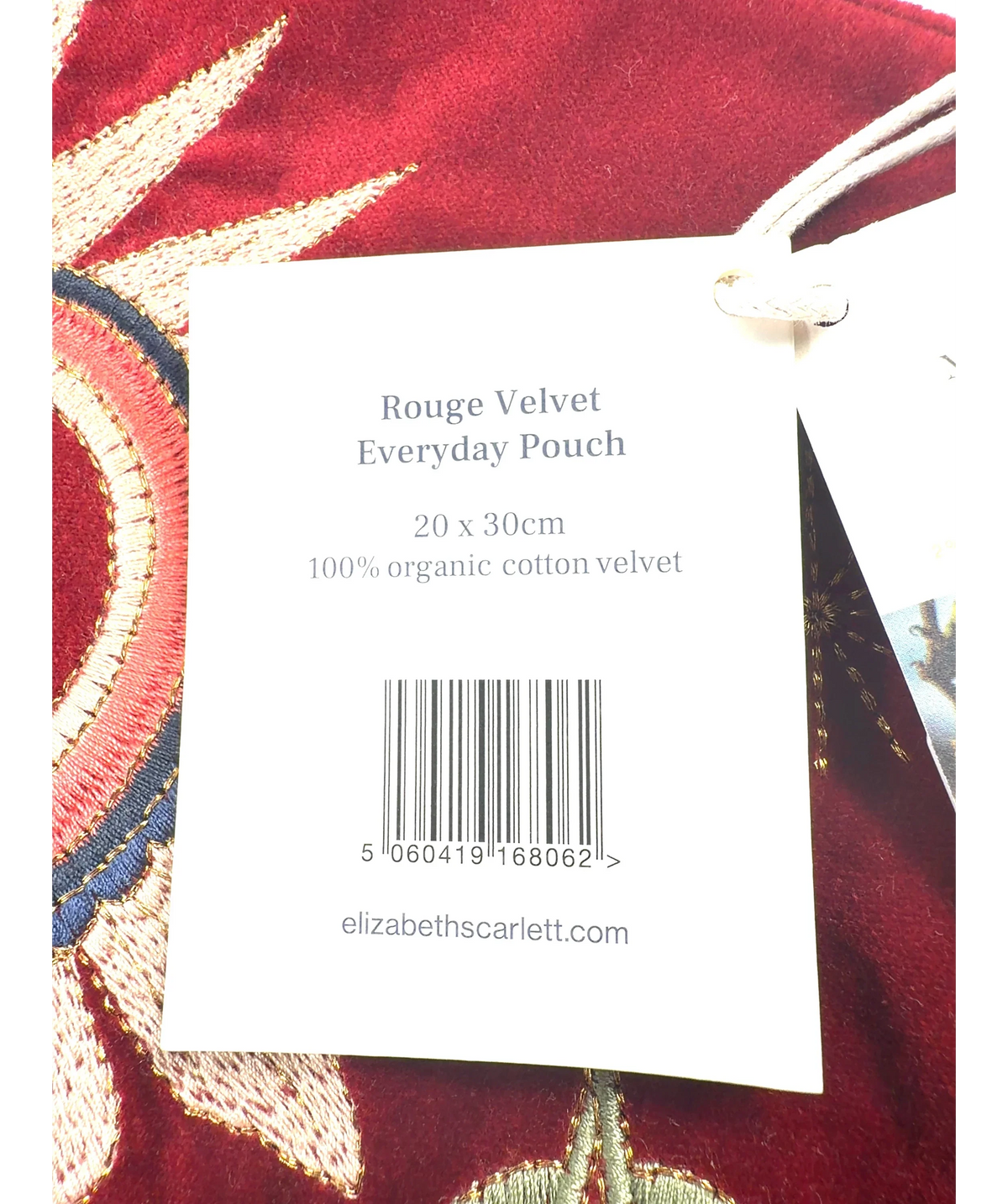 ELIZABETHSCARLETT Red Embroidered Velvet Pouch — care label