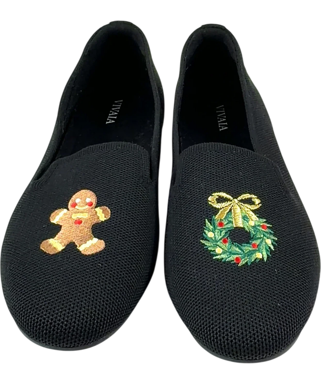vivaia Black Round-Toe Embroidered Loafers (Audrey), size UK 8 EU 41 👠 — detail