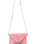 Anthropologie Pink leather/suede envelope clutch with pom-pom trim and a chain strap — front