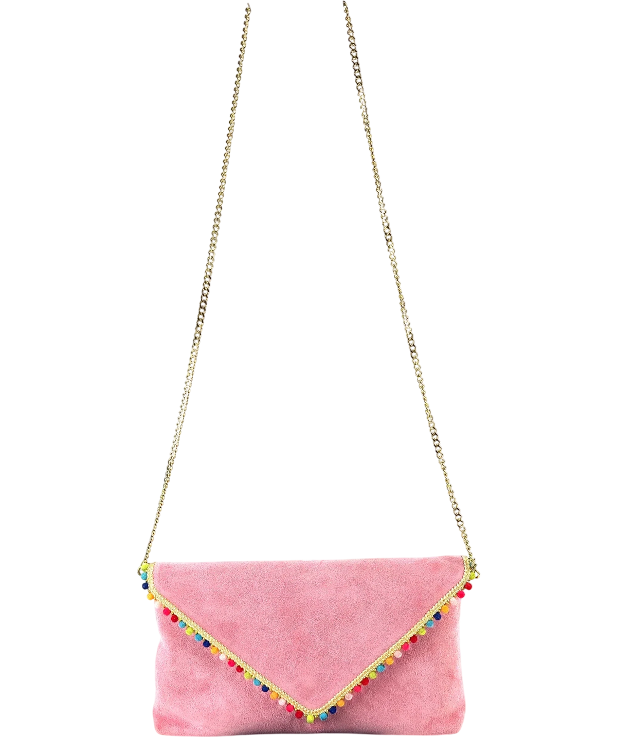 Anthropologie Pink leather/suede envelope clutch with pom-pom trim and a chain strap — front