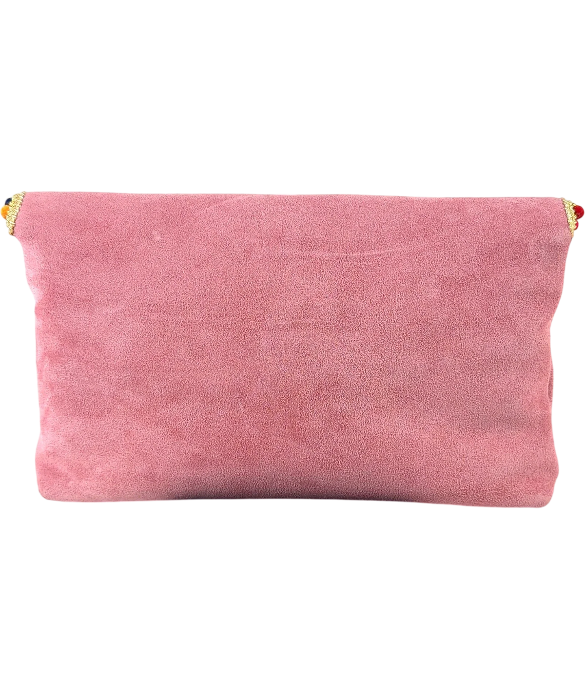 Anthropologie Pink leather/suede envelope clutch with pom-pom trim and a chain strap — back