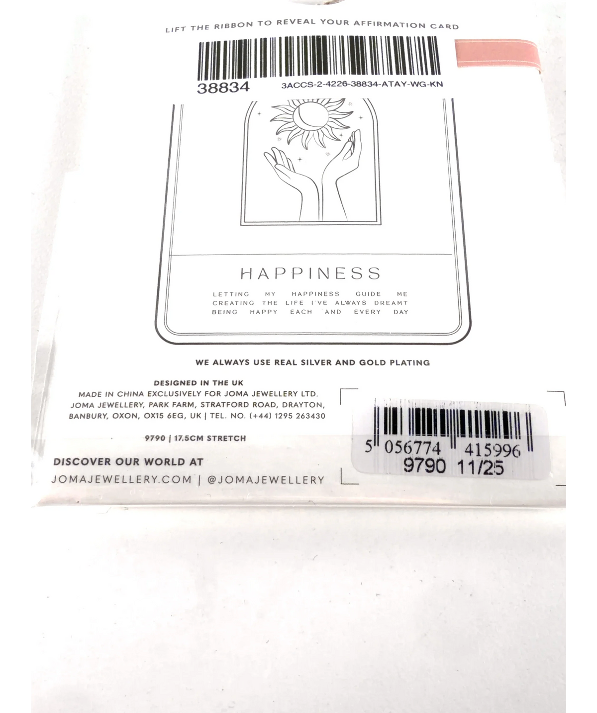 Joma Jewellery Red Affirmation Card 'Happiness' Bracelet in Gold Plating — label