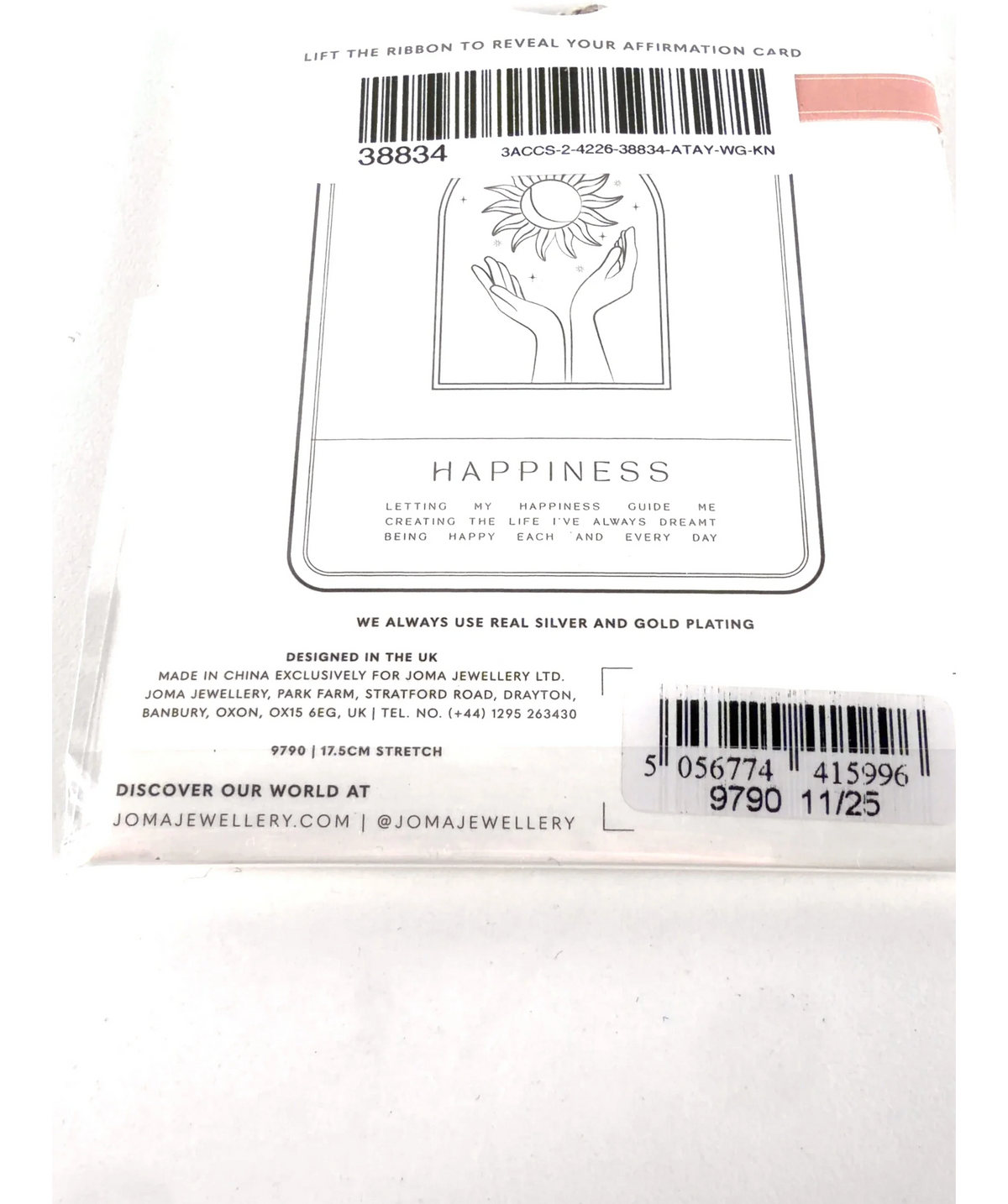 Joma Jewellery Red Affirmation Card 'Happiness' Bracelet in Gold Plating — care label
