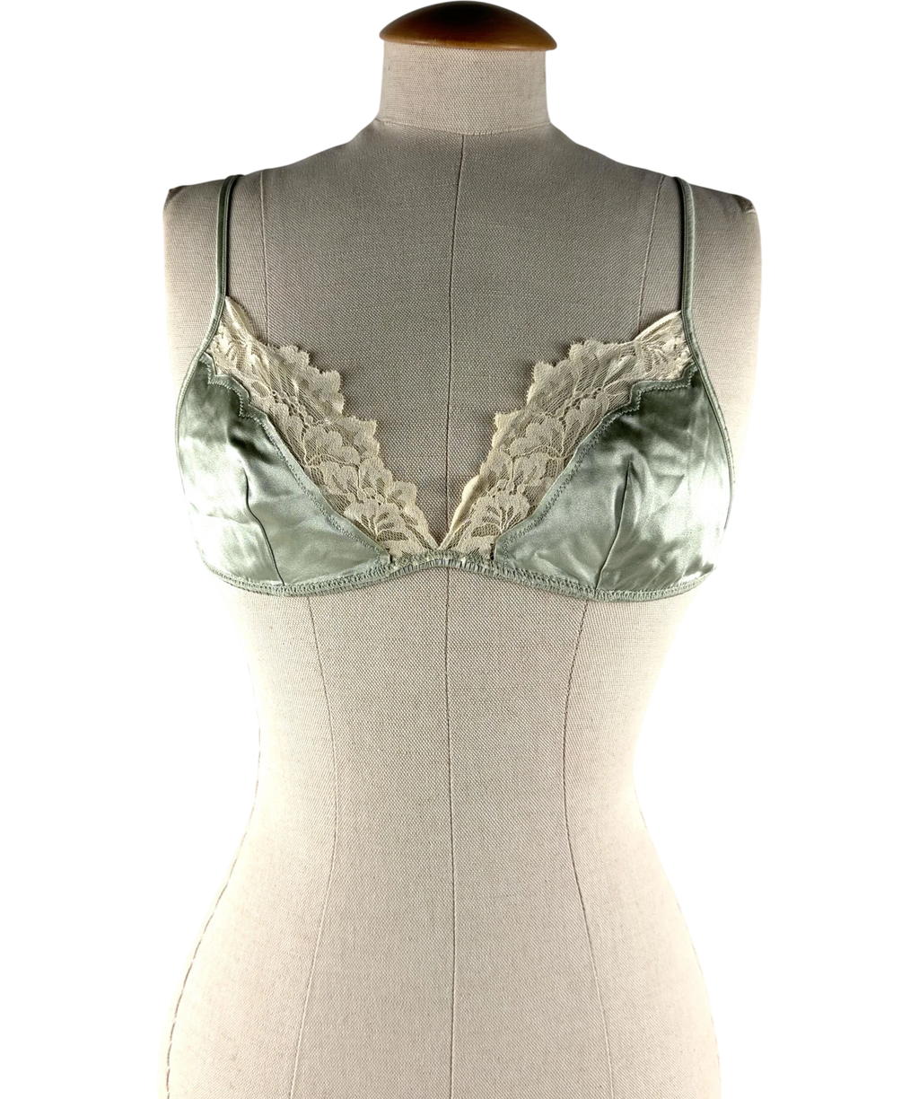 ZARA Green Silk and Lace Triangle Bra, size UK S — front