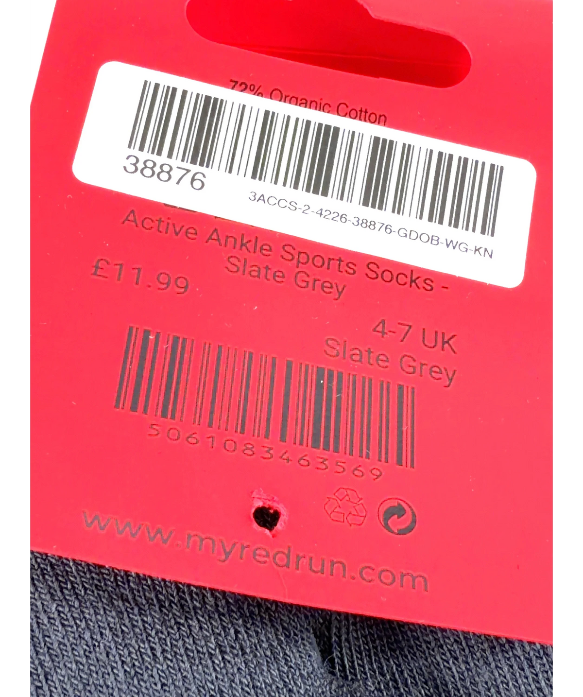 red run slate grey Active Ankle Sports Socks, size UK 6 — care label
