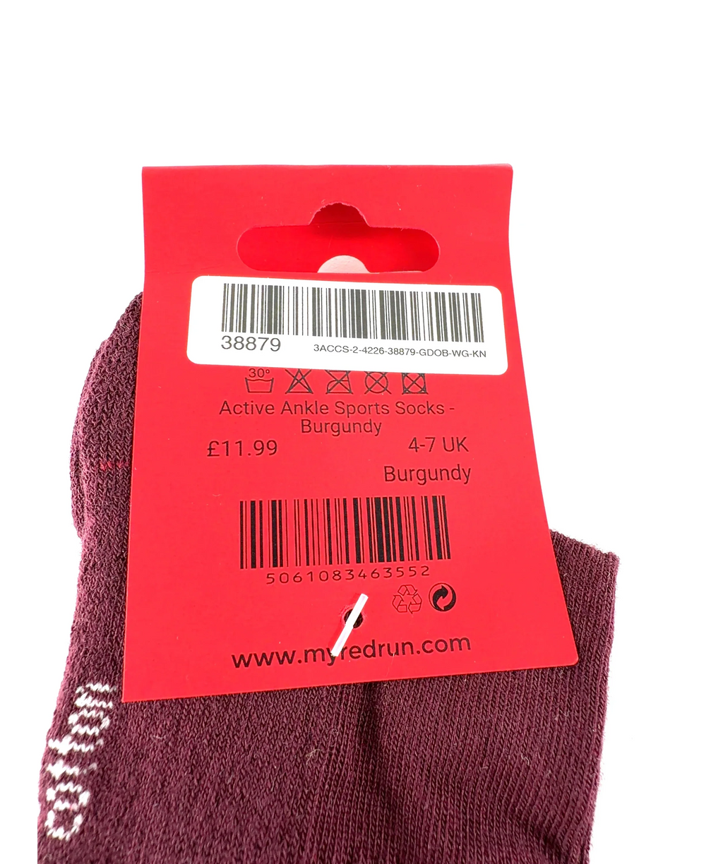 red run burgundy Active Ankle Sports Socks - Burgundy, size UK 6 EU 39 👠 — care label