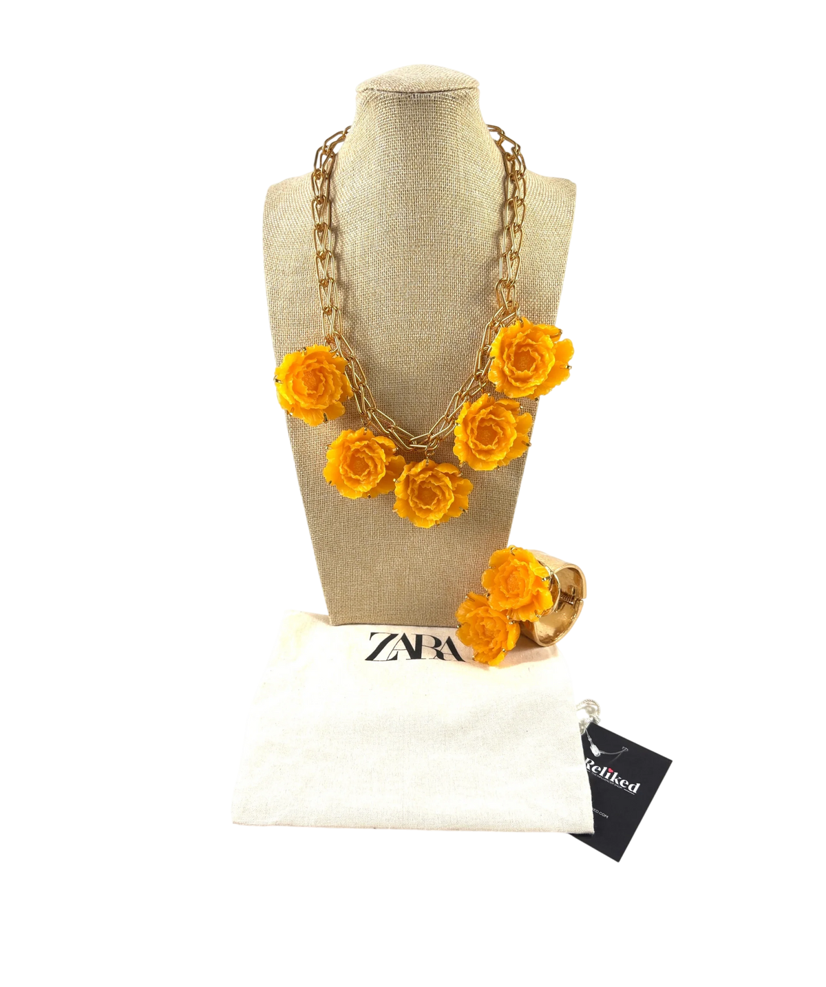 Zara x Marisa Berenson  2-piece Gold & Yellow Resin Flower Necklace And Bracelet Set in Dust Bag
