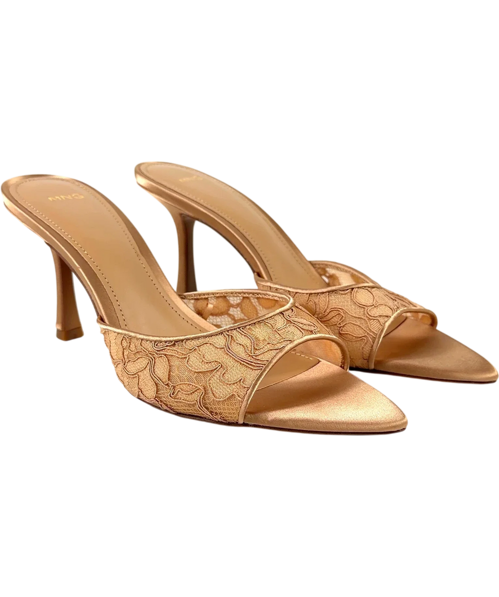 MANGO Beige lace-detail heeled mules, size UK 6 EU 39 👠 — front