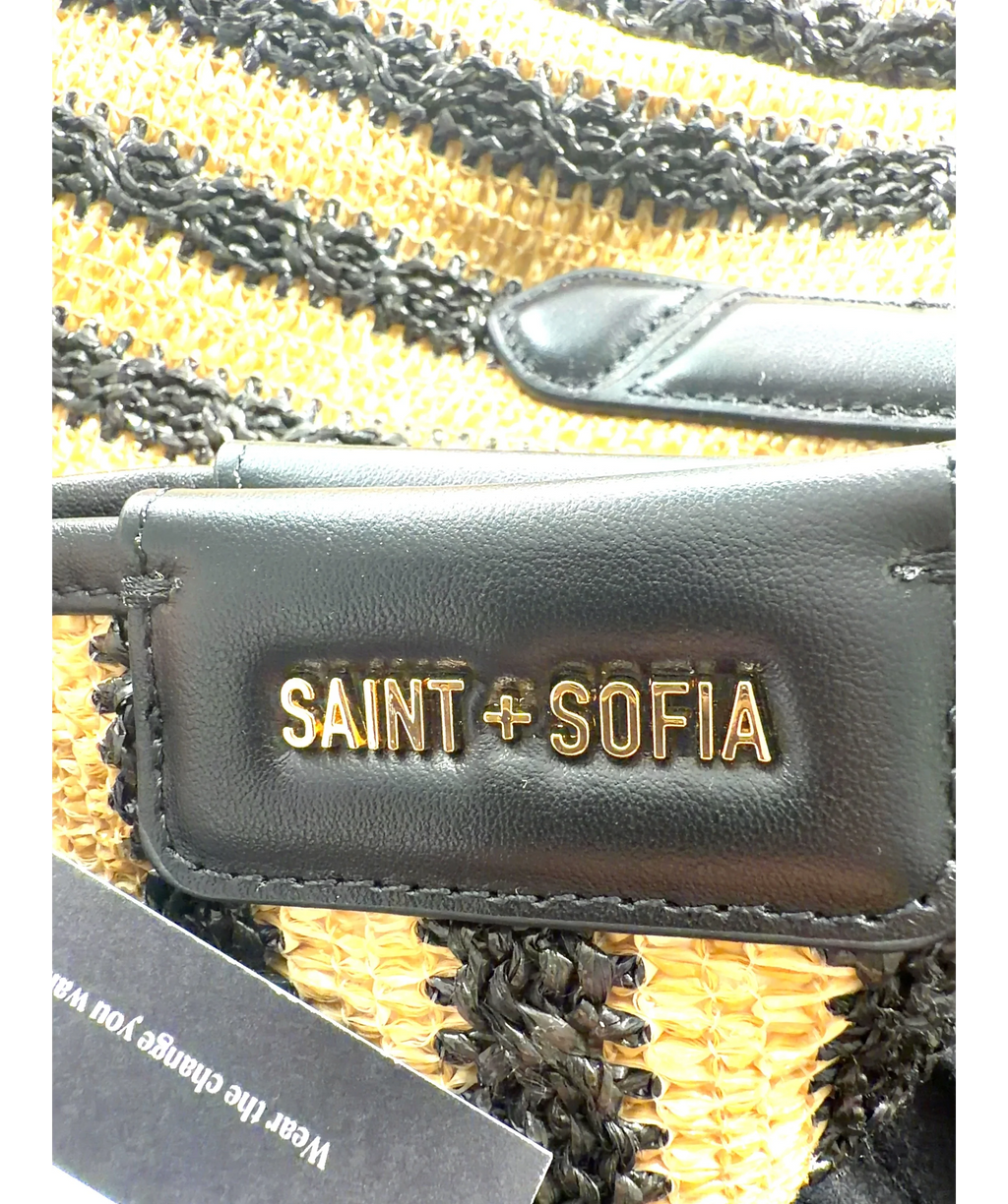 Saint + Sofia Black Stella Raffia Straw Shopper Bag — label
