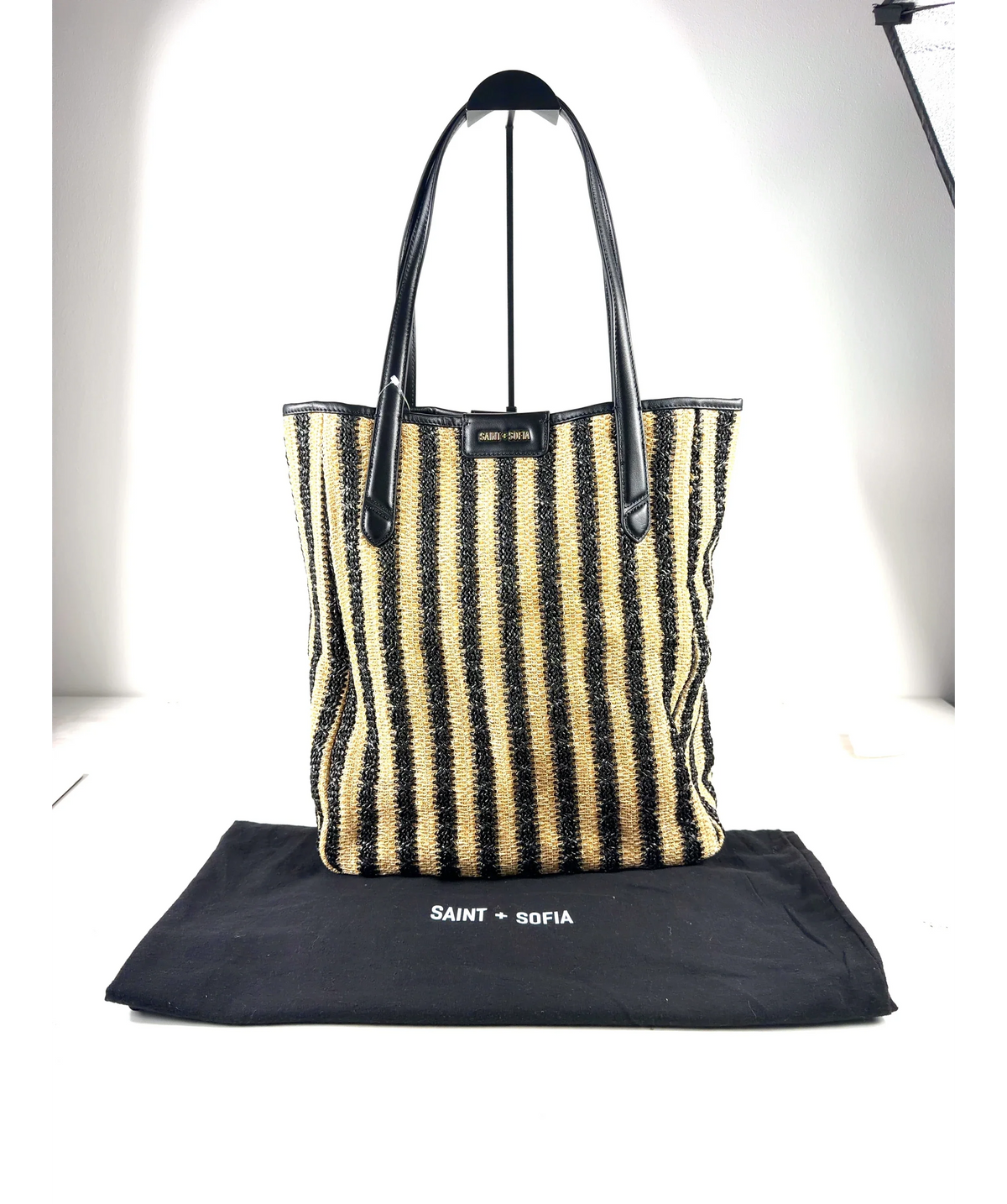 Saint + Sofia Black Stella Raffia Straw Shopper Bag — care label