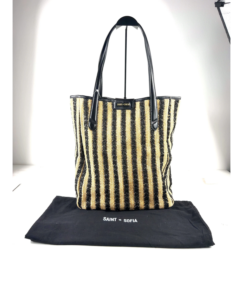 Saint + Sofia Black Stella Raffia Straw Shopper Bag — fabric detail