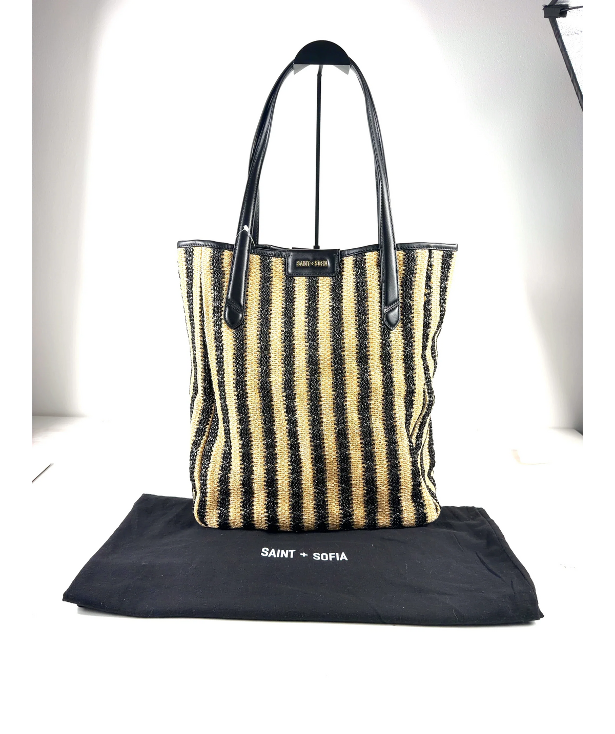 Saint + Sofia Black Stella Raffia Straw Shopper Bag — fabric detail