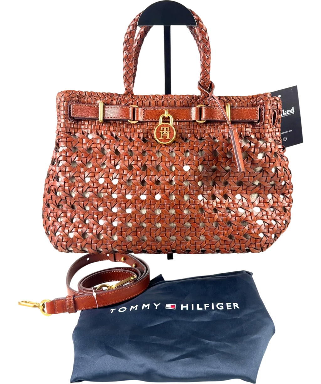 TOMMY HILFIGER Brown The American Icon Braided Leather Tote Bag — front