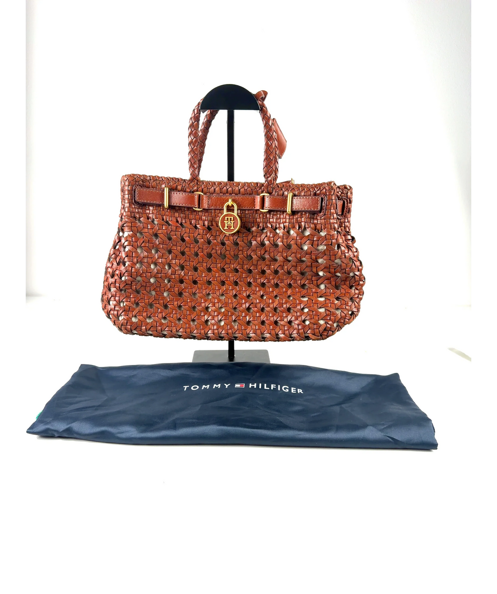 TOMMY HILFIGER Brown The American Icon Braided Leather Tote Bag — care label