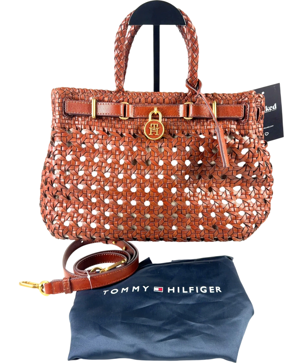 TOMMY HILFIGER Brown The American Icon Braided Leather Tote Bag — additional view