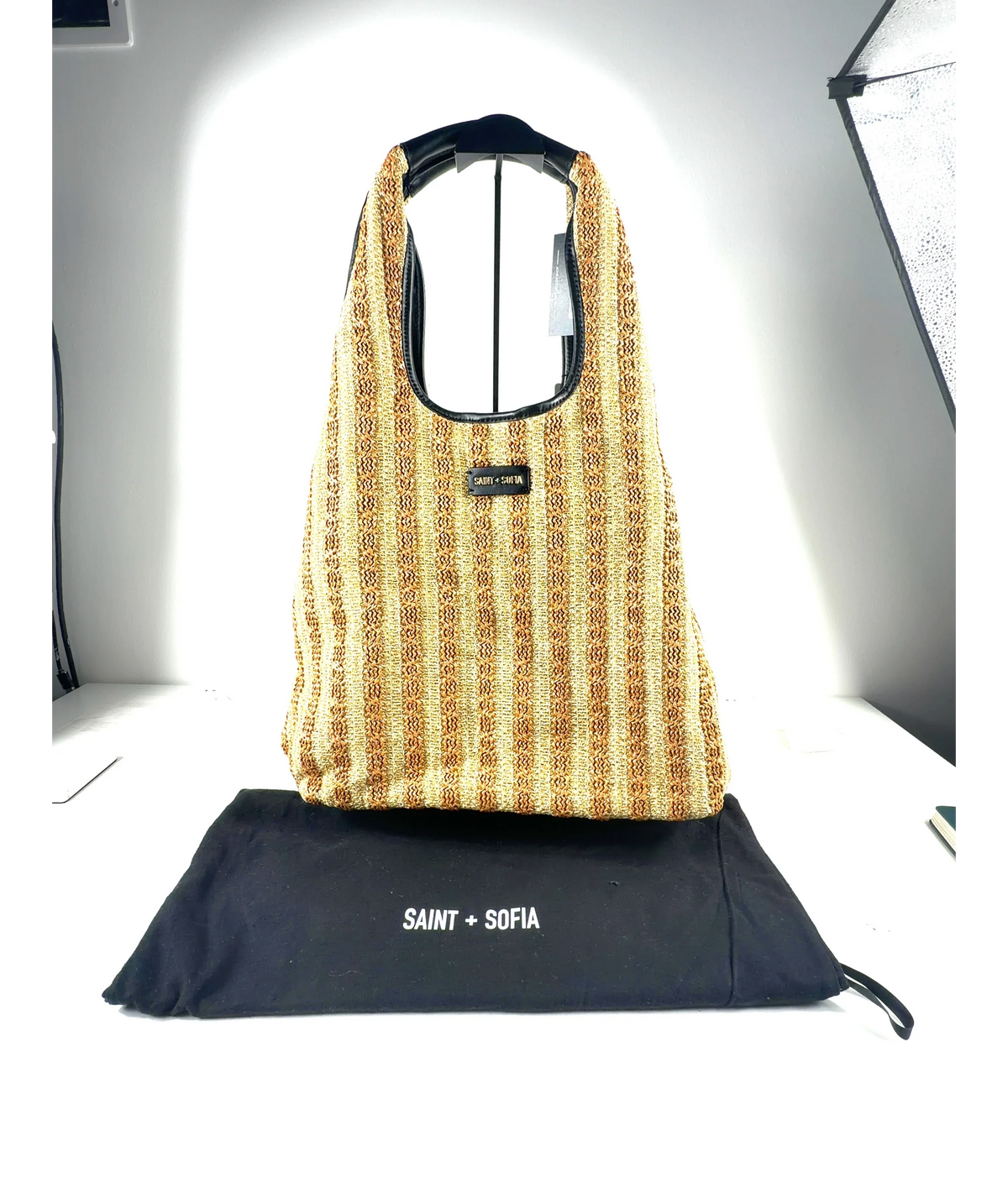 Saint + Sofia Brown Large Stella Raffia Tote Bag — fabric detail