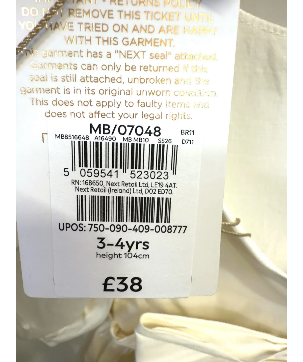 Next ivory Colour, size 3 Years — label