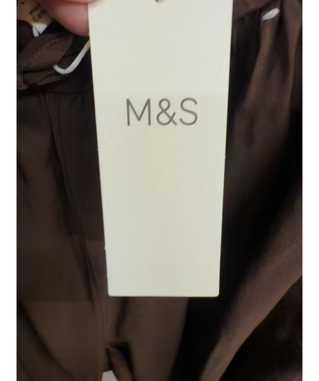 Marks & Spencer Brown Satin Drawstring Wide Leg / Tie Hem Balloon Trousers, size UK 12 — detail
