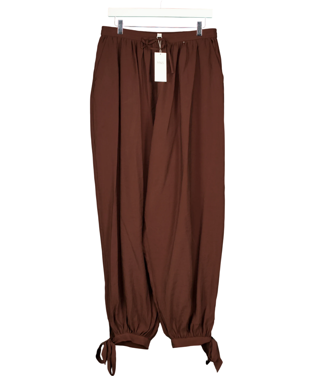 Marks & Spencer Brown Satin Drawstring Wide Leg / Tie Hem Balloon Trousers, size UK 12 — front