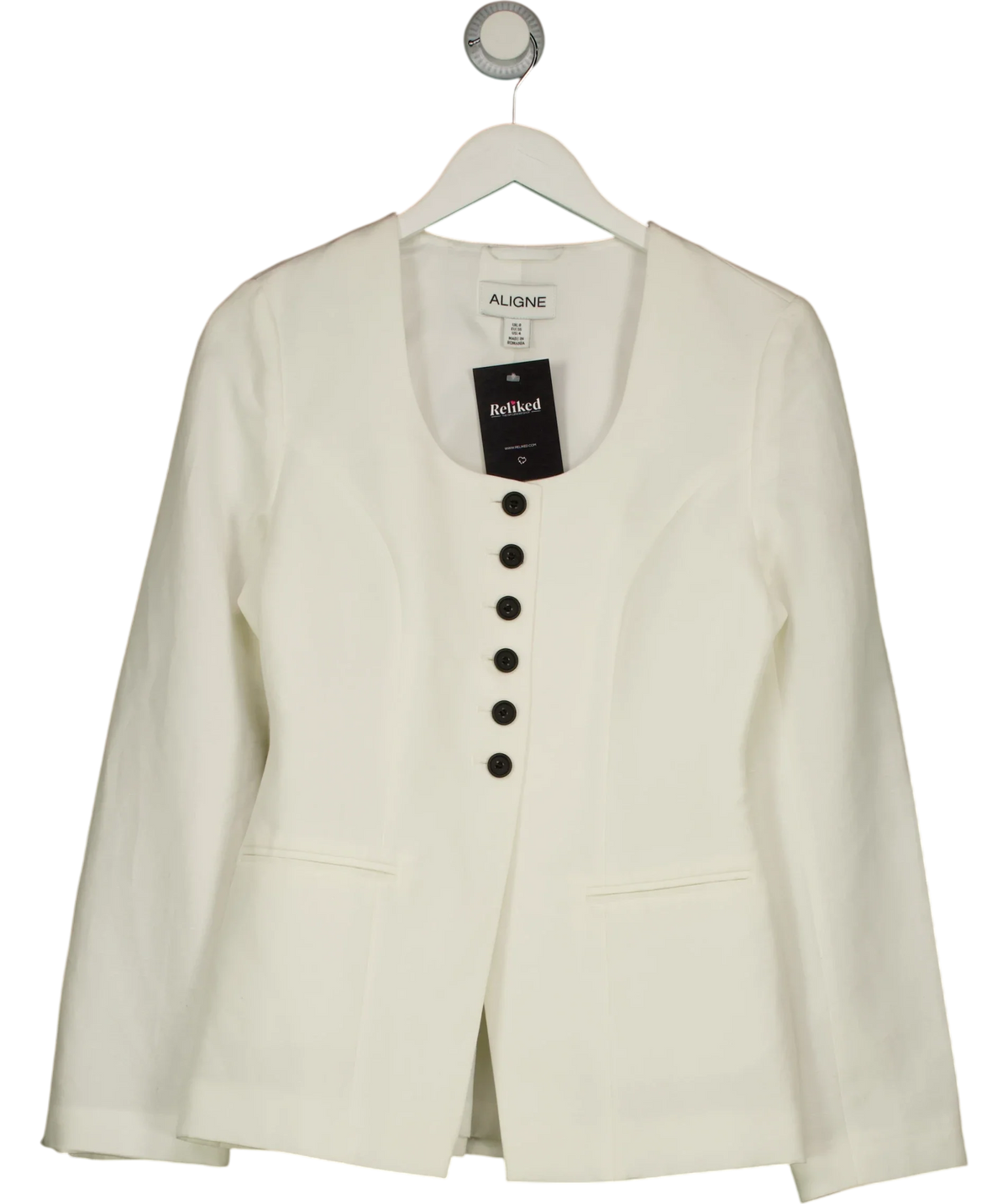 Aligne White Daphne Scoop Neck Linen Blazer, size UK 8 — front