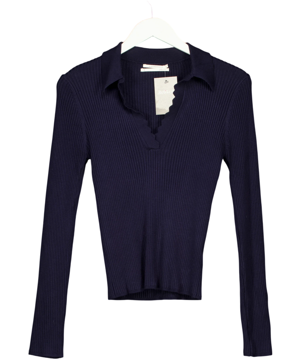 Anthropologie navy long-sleeve ribbed polo top, size UK M — front