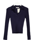 Anthropologie navy long-sleeve ribbed polo top, size UK M — front