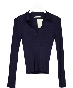 Anthropologie Long-Sleeve Ribbed  Scallop Neckline Polo Top Blue UK M