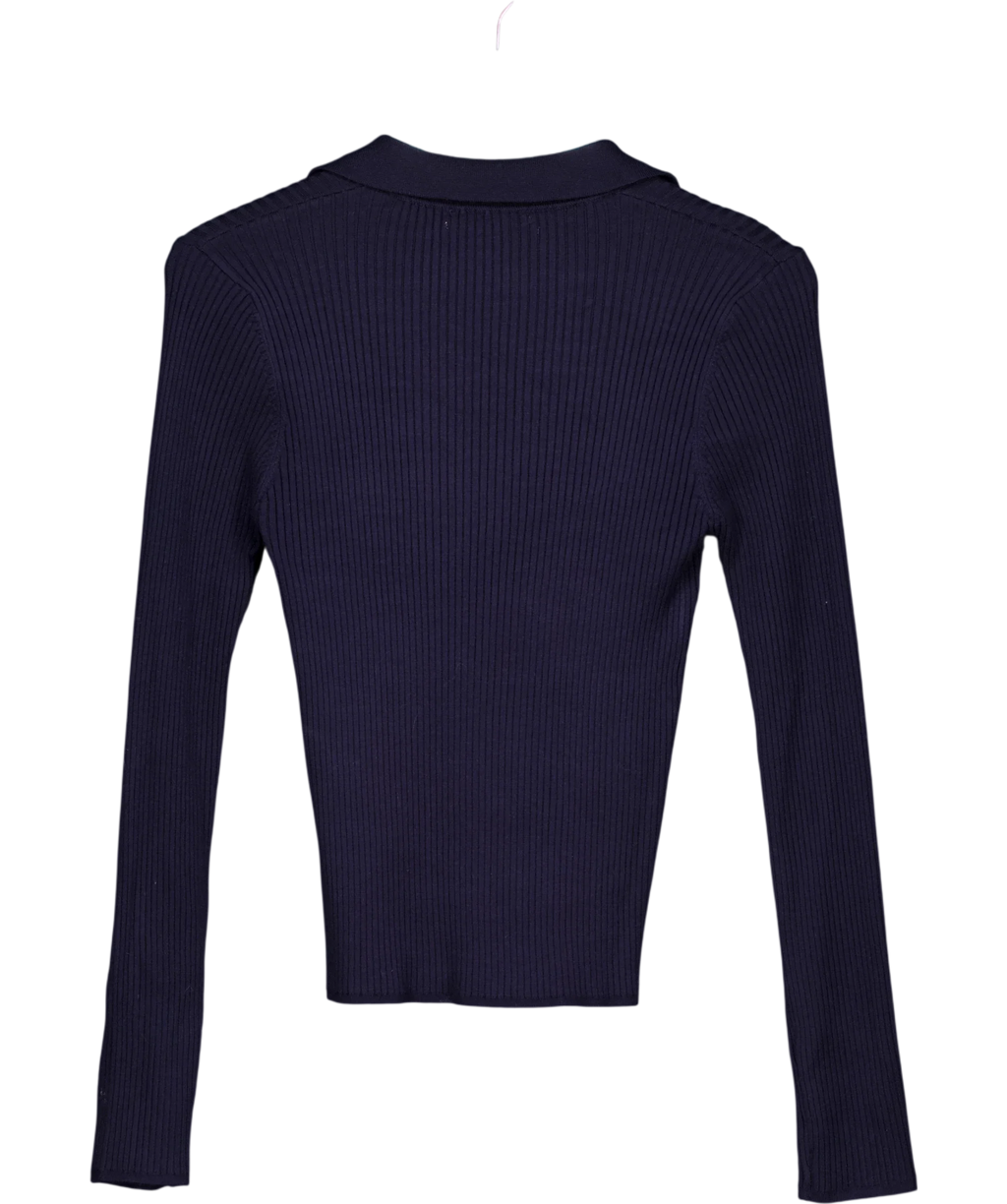 Anthropologie navy long-sleeve ribbed polo top, size UK M — back