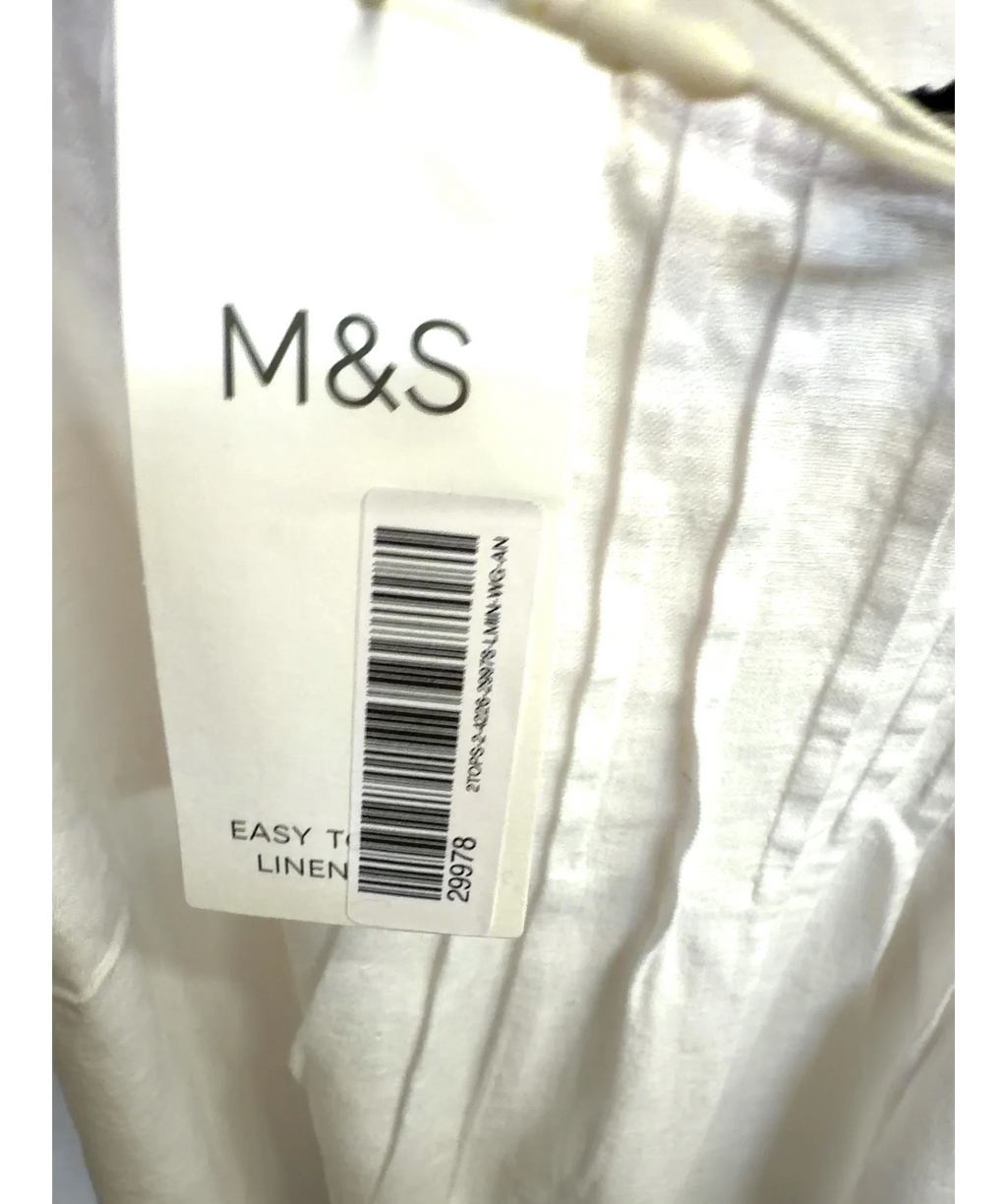 M&S White Linen Rich Pleated Puff Sleeve Top, size UK 18 — detail