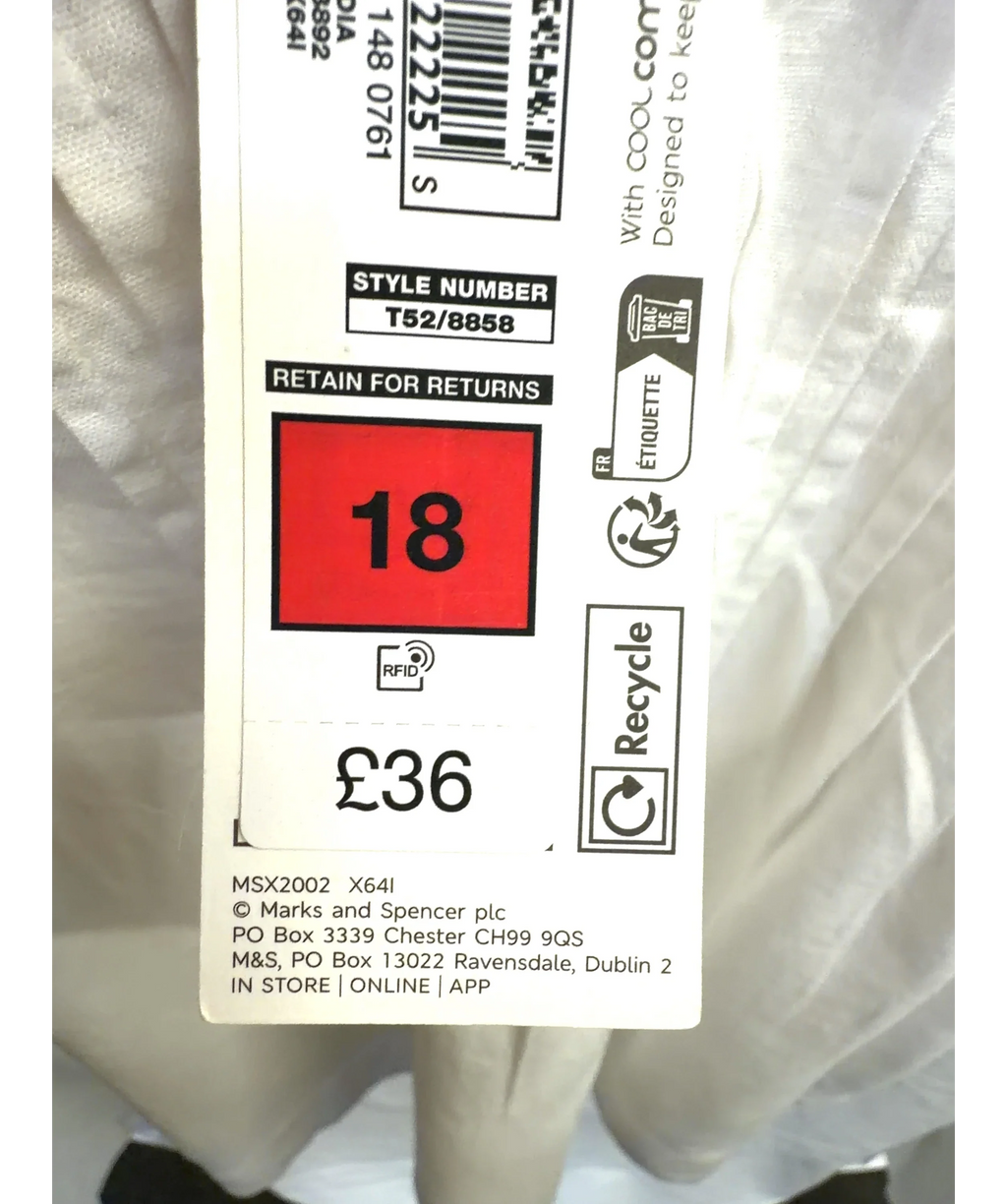 M&S White Linen Rich Pleated Puff Sleeve Top, size UK 18 — care label