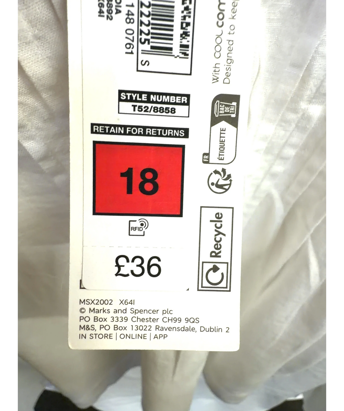 M&S White Linen Rich Pleated Puff Sleeve Top, size UK 18 — care label
