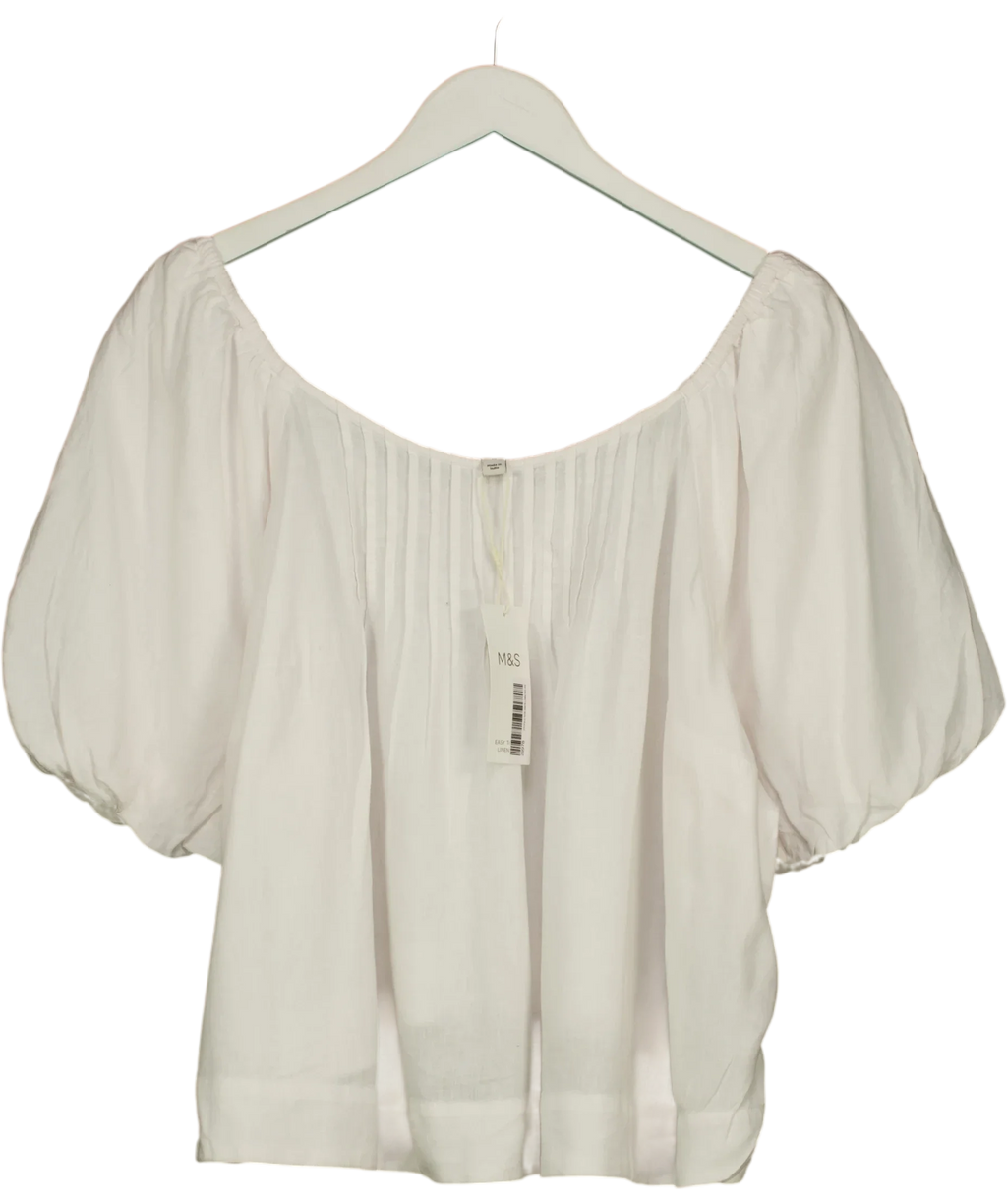 M&S White Linen Rich Pleated Puff Sleeve Top, size UK 18 — front
