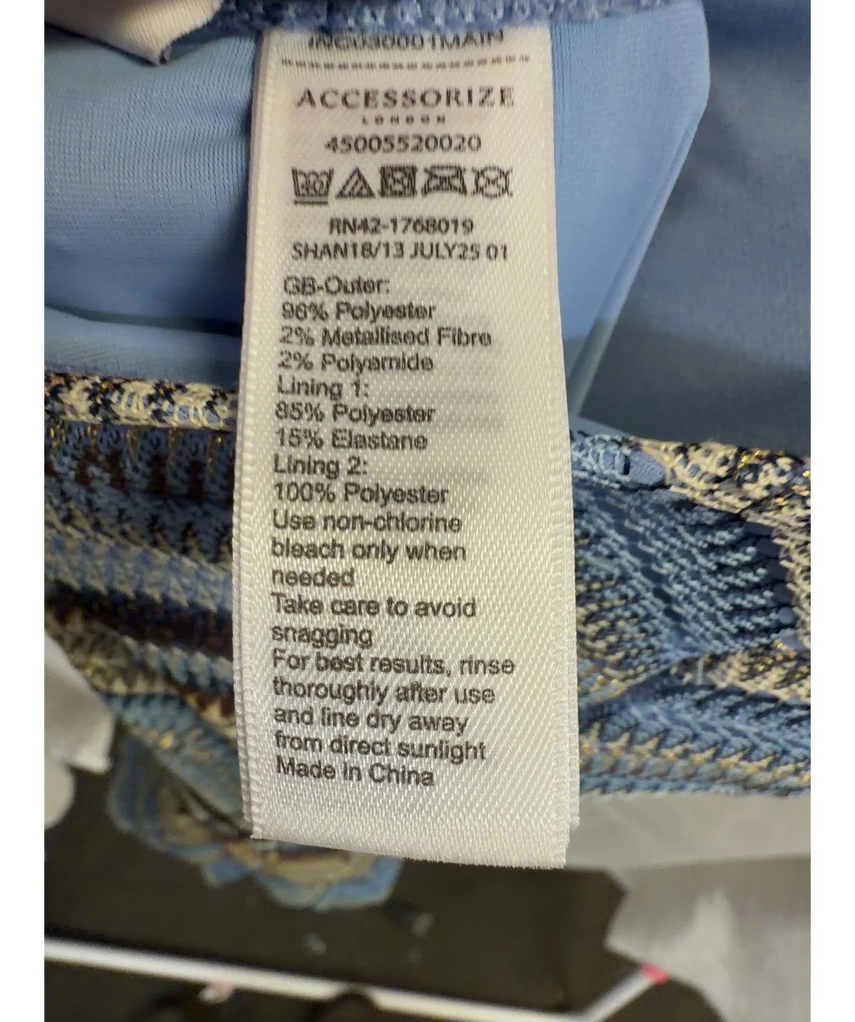 Accessorize Blue Crochet One Shoulder Swimsuit, size UK 12 — label