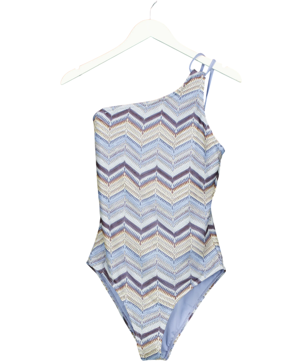 Accessorize Blue Crochet One Shoulder Swimsuit, size UK 12 — front