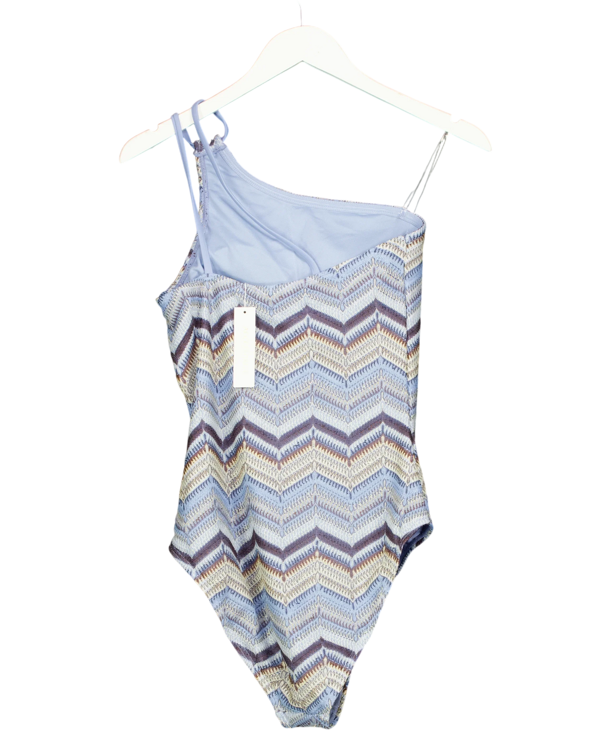 Accessorize Blue Crochet One Shoulder Swimsuit, size UK 12 — back