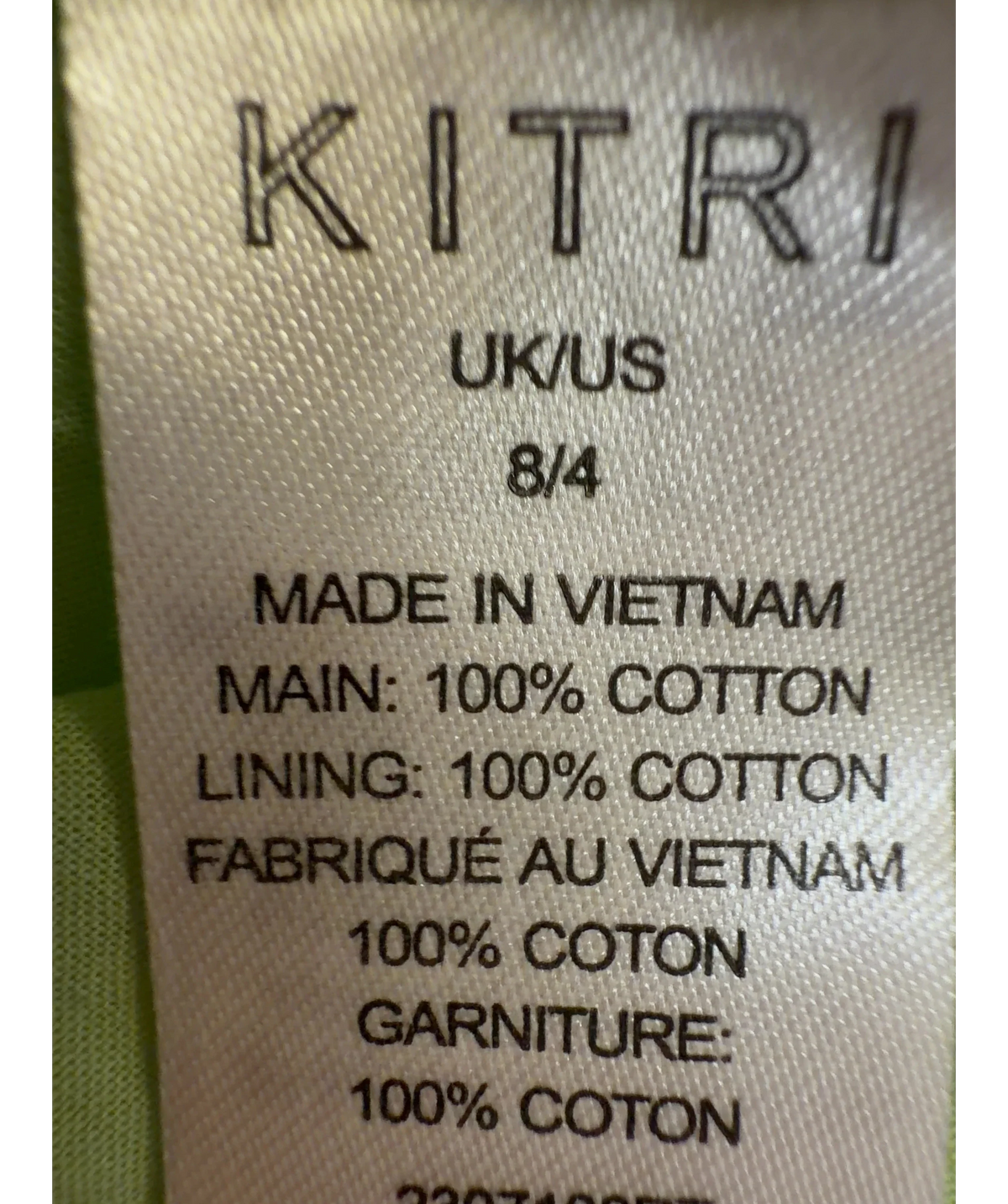 Kitri Green Colour, size UK 8 — label