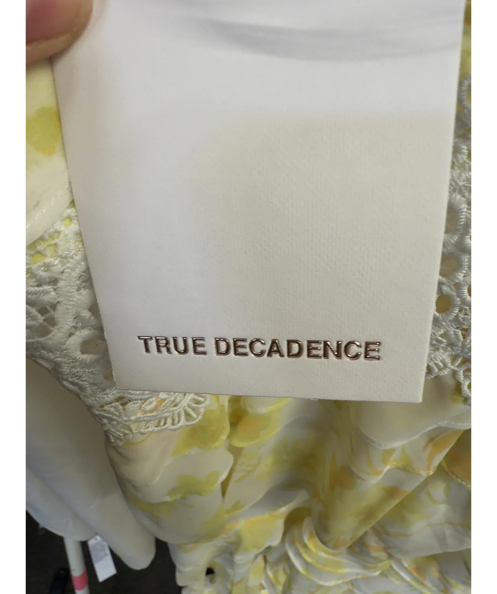 True Decadence Yellow Yellow Watercolour-Floral Sophia Plunge Front Tiered Ruffle Maxi-Dress, size UK 12 — detail