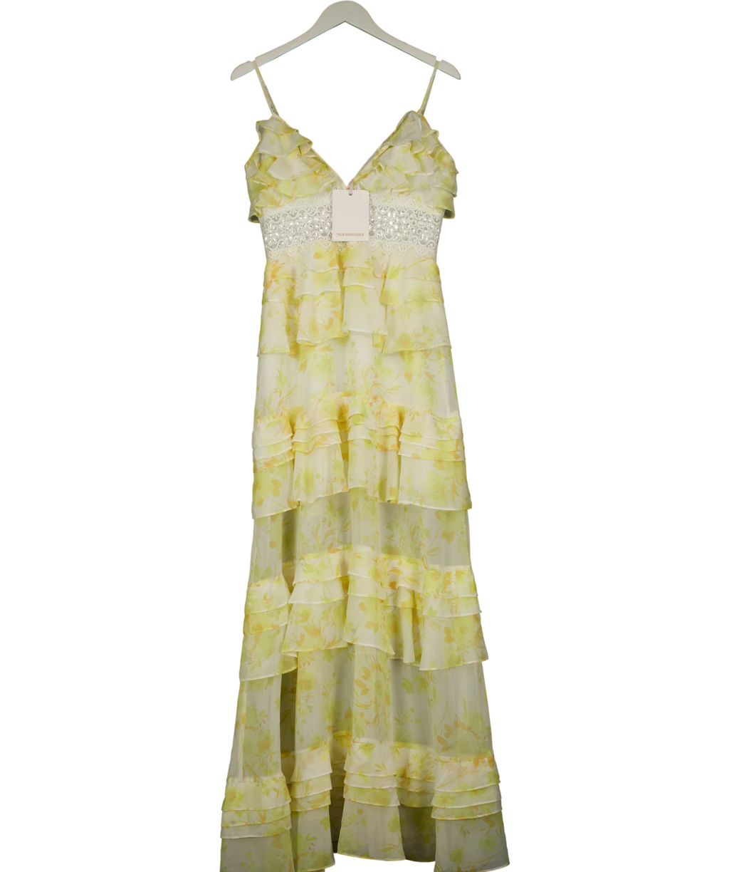 True Decadence Yellow Yellow Watercolour-Floral Sophia Plunge Front Tiered Ruffle Maxi-Dress, size UK 12 — front
